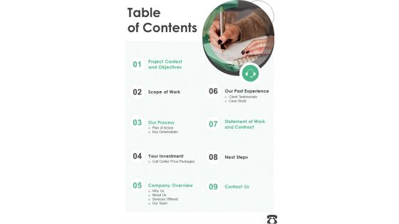 Table Of Contents Contact Center Proposal One Pager Sample Example Document