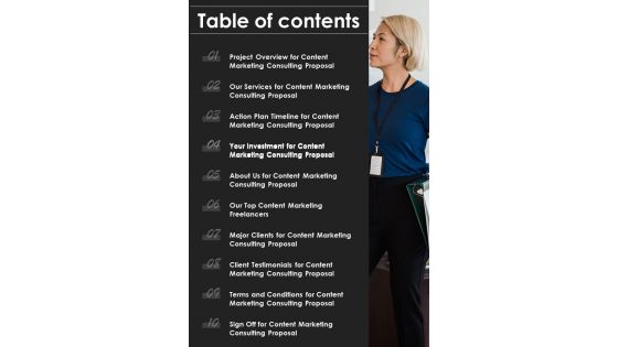Table Of Contents Content Marketing Consulting Proposal One Pager Sample Example Document