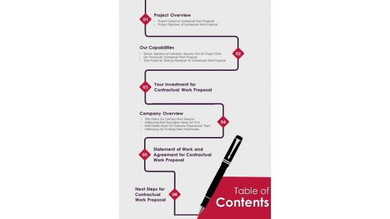 Table Of Contents Contractual Work Proposal One Pager Sample Example Document