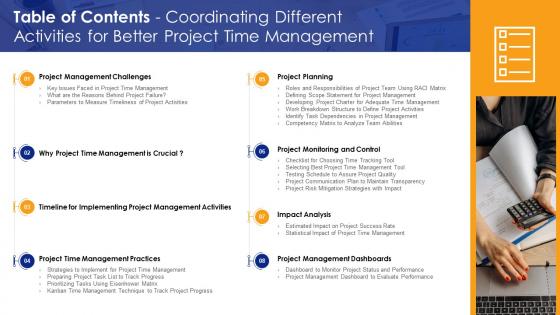 Table Of Contents Coordinating Different Activities For Better Project Time Management