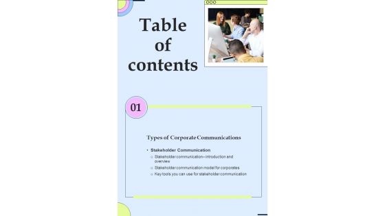 Table Of Contents Corporate Communication Playbook One Pager Sample Example Document
