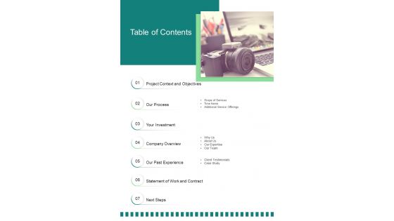 Table of Contents Corporate Video Production Proposal One pager sample example document