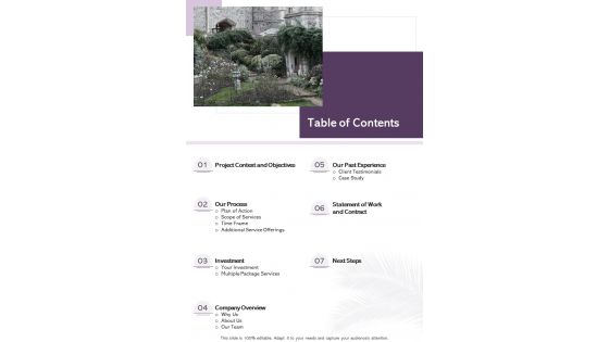 Table Of Contents Courtyard Maintenance Proposal One Pager Sample Example Document