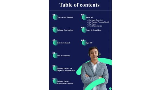 Table Of Contents Customer Support Executive Training Proposal One Pager Sample Example Document
