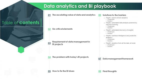 Table Of Contents Data Analytics And BI Playbook Ppt Slides Icon