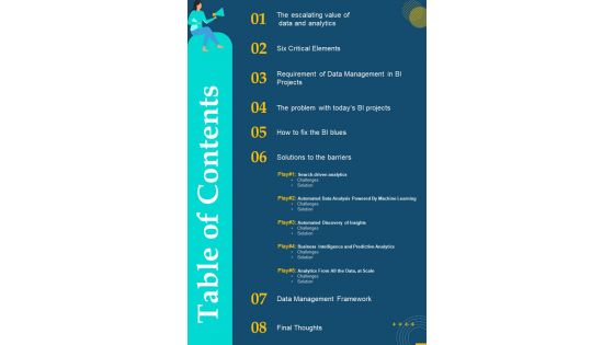 Table Of Contents Data Analytics Playbook One Pager Sample Example Document