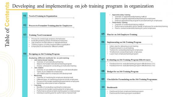 Table Of Contents Developing And Implementing On Job Training Program In Organization