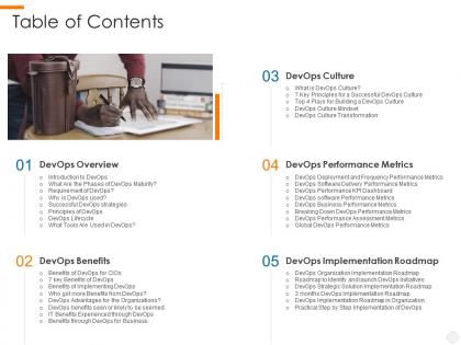 Table of contents devops overview benefits culture performance metrics implementation roadmap