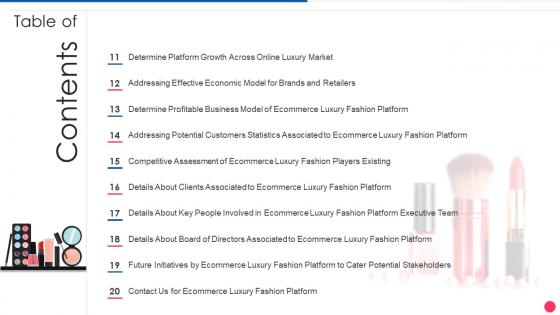 Table Of Contents Digital Fashion Luxury Portal Investor Funding Elevator Pitch Deck