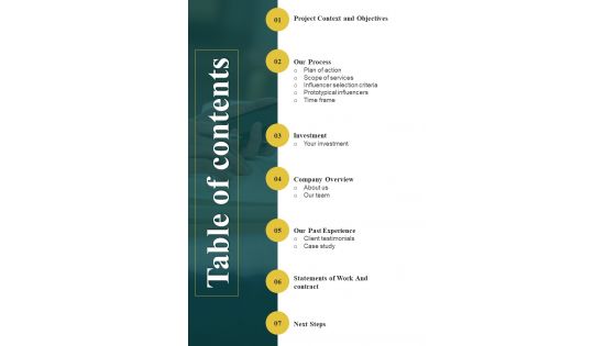 Table Of Contents Digital Marketing With Spokesperson Proposal One Pager Sample Example Document