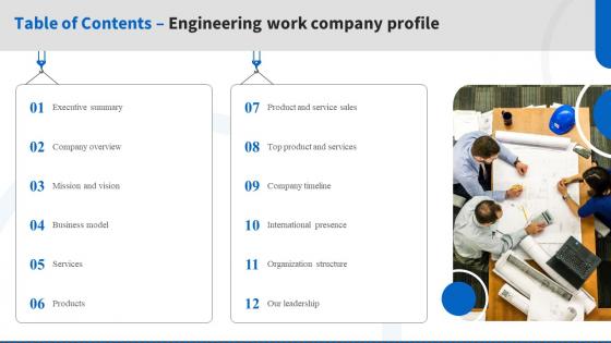Table Of Contents Engineering Work Company Profile Ppt File Gallery