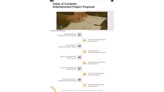 Table Of Contents Entertainment Project Proposal One Pager Sample Example Document