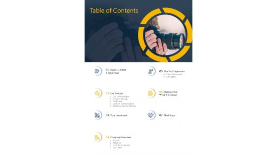 Table Of Contents Event Video Coverage Proposal One Pager Sample Example Document