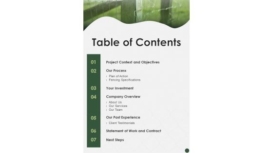 Table Of Contents Fencing Installation Proposal One Pager Sample Example Document