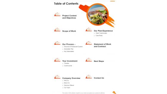 Table Of Contents Food Ordering System Proposal One Pager Sample Example Document