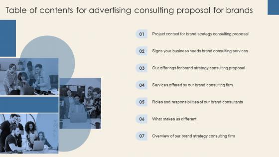 Table Of Contents For Advertising Consulting Proposal For Brands Ppt Slides Icons