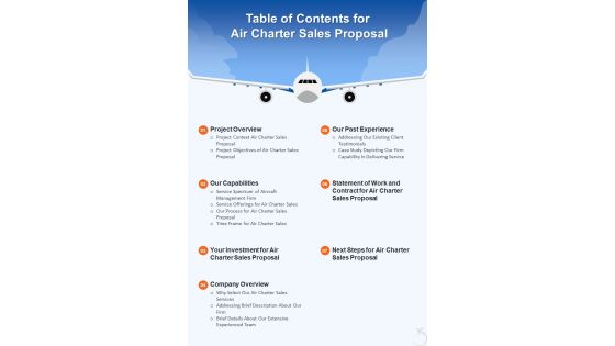 Table Of Contents For Air Charter Sales Proposal One Pager Sample Example Document