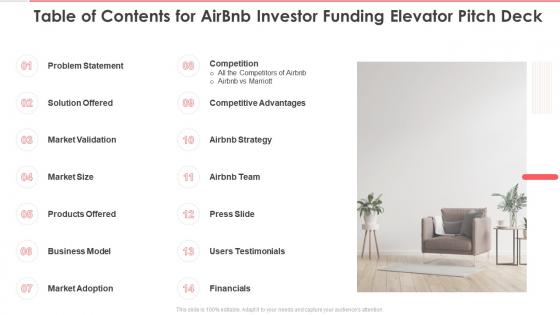 Table of contents for airbnb investor funding elevator pitch deck ppt ideas graphics