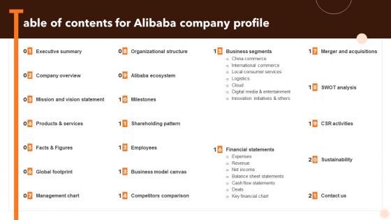 Table Of Contents For Alibaba Company Profile Ppt Pictures CP SS