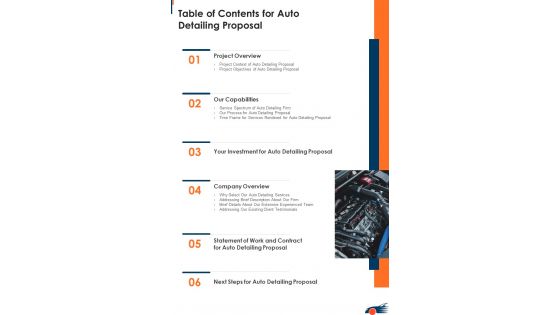 Table Of Contents For Auto Detailing Proposal One Pager Sample Example Document