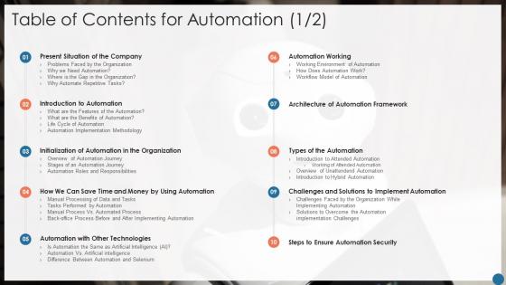 Table of contents for automation company ppt powerpoint presentation pictures ideas