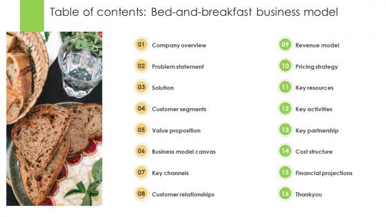 Table Of Contents For Bed And Breakfast Business Model BMC V