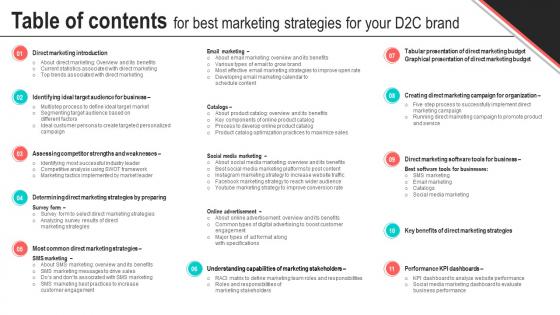 Table Of Contents For Best Marketing Strategies For Your D2C Brand MKT SS V