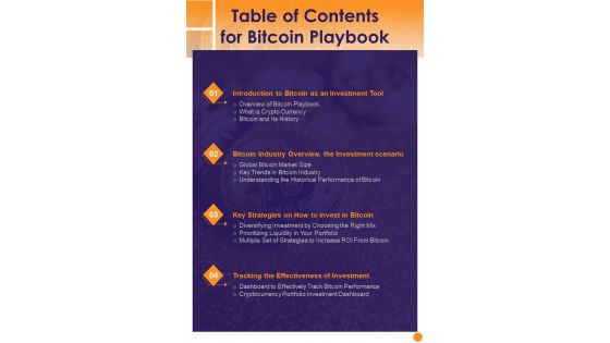 Table Of Contents For Bitcoin Playbook One Pager Sample Example Document