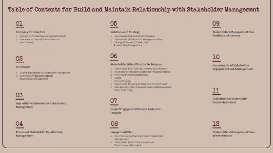 Table Of Contents For Build And Maintain Relationship With Stakeholder Management