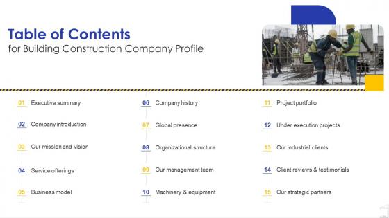Table Of Contents For Building Construction Company Profile