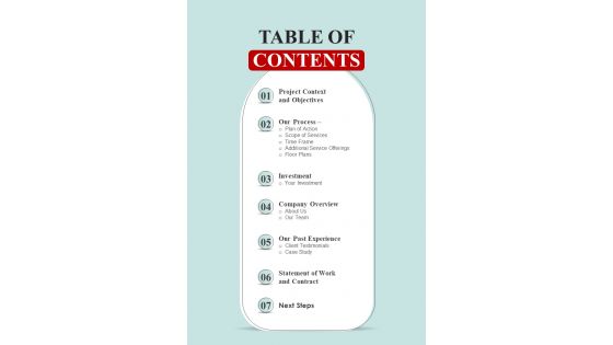 Table Of Contents For Building Drug Treatment Center One Pager Sample Example Document