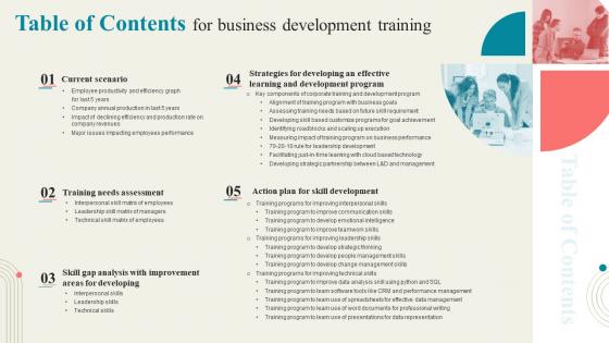 Table Of Contents For Business Development Training Ppt Infographic Template Clipart