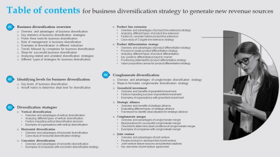 Table Of Contents For Business Diversification Strategy To Generate New Revenue Sources Strategy SS V