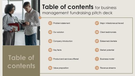 Table Of Contents For Business Management Fundraising Pitch Deck