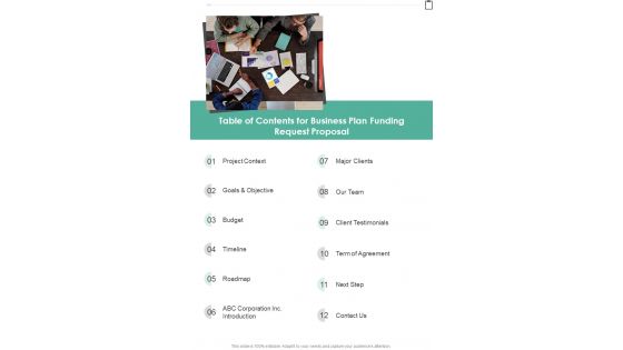 Table Of Contents For Business Plan Funding Request Proposal One Pager Sample Example Document