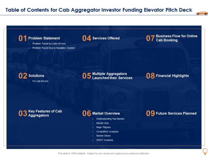 Table of contents for cab aggregator investor funding elevator pitch deck