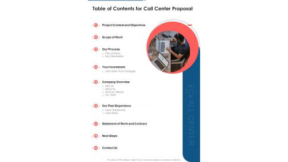 Table Of Contents For Call Center Proposal One Pager Sample Example Document