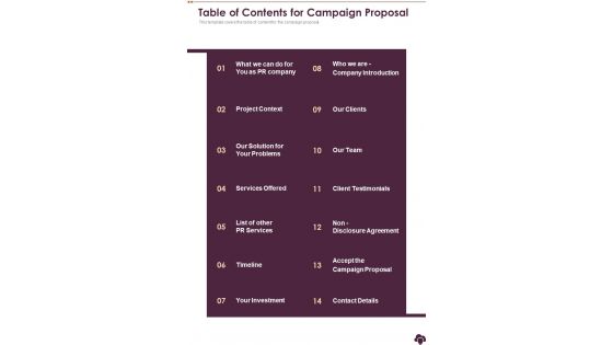 Table Of Contents For Campaign Proposal One Pager Sample Example Document