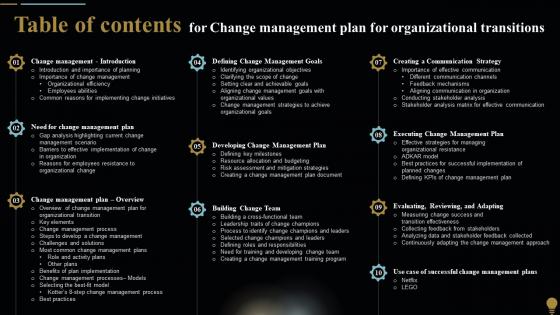 Table Of Contents For Change Management Plan For Organizational Transitions CM SS