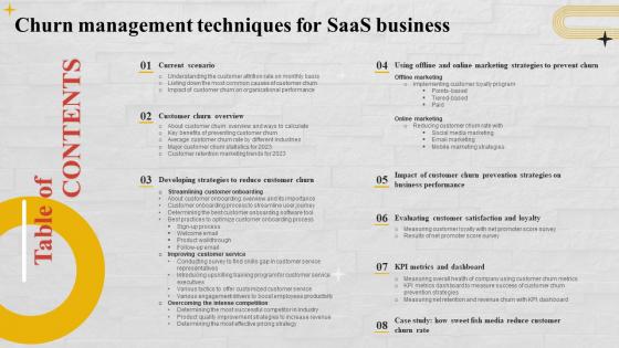 Table Of Contents For Churn Management Techniques For SaaS Business Ppt Icon Graphic Images