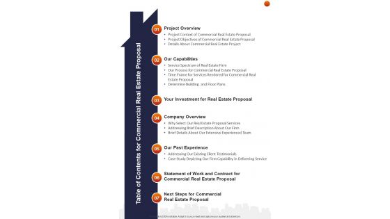 Table Of Contents For Commercial Real Estate Proposal One Pager Sample Example Document
