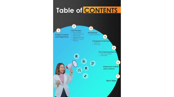 Table Of Contents For Companys Brand Representative One Pager Sample Example Document