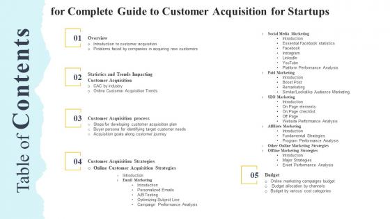 Table Of Contents For Complete Guide To Customer Acquisition For Startups Ppt Icon Graphics Template
