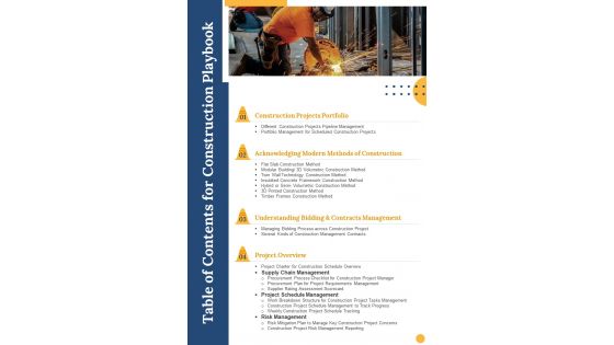 Table Of Contents For Construction Playbook One Pager Sample Example Document