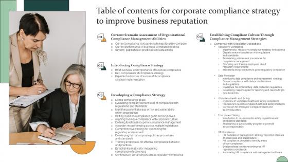 Table Of Contents For Corporate Compliance Strategy To Improve Business Reputation Strategy SS V