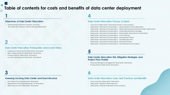 Table Of Contents For Costs And Benefits Of Data Center Deployment Ppt Icon Designs Download