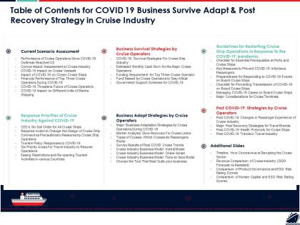 Table of contents for covid 19 business survive adapt and post recovery strategy in cruise industry ppt template