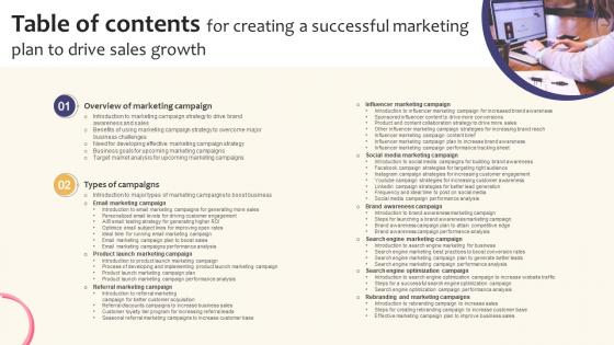 Table Of Contents For Creating A Successful Marketing Plan To Drive Sales Growth