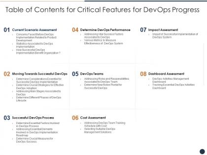 Table of contents for critical features for devops progress