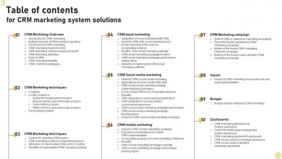 Table Of Contents For CRM Marketing System Solutions MKT SS V
